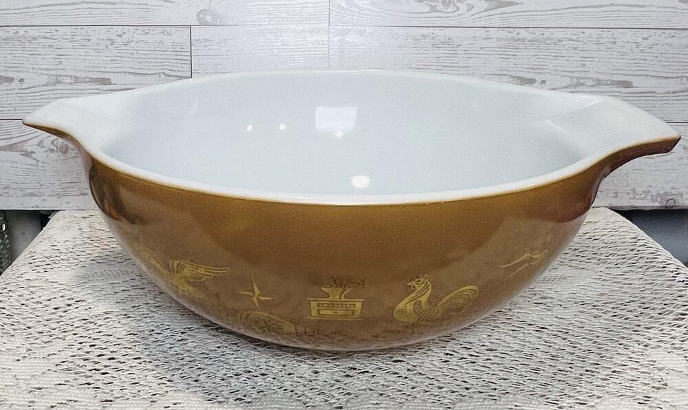 Vintage Pyrex Brown Early American 4 Qt Cinderella Mixing Bowl #444 Made in USA